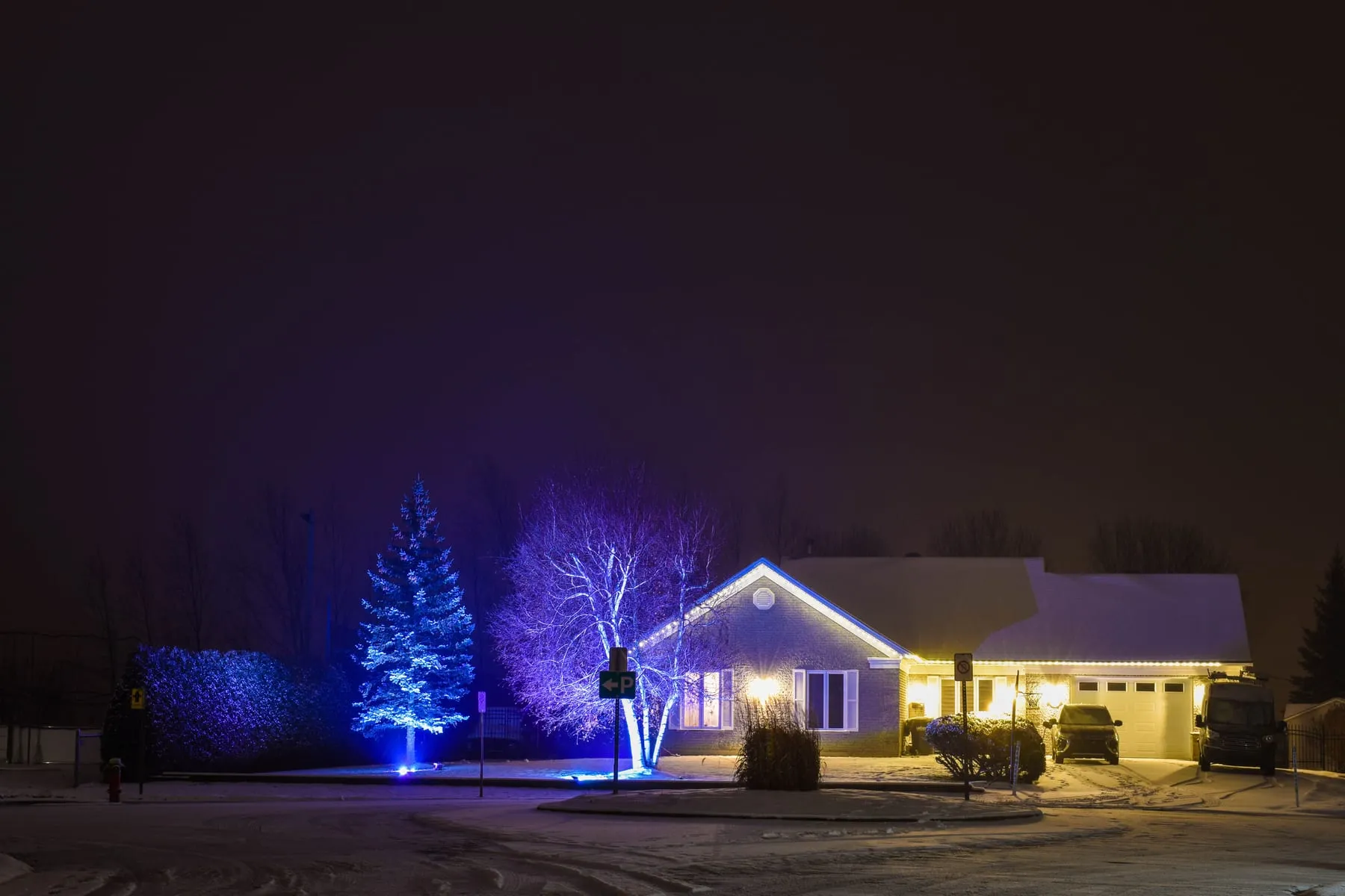 Home roofline and nearby tree outlined with seasonal lights at night