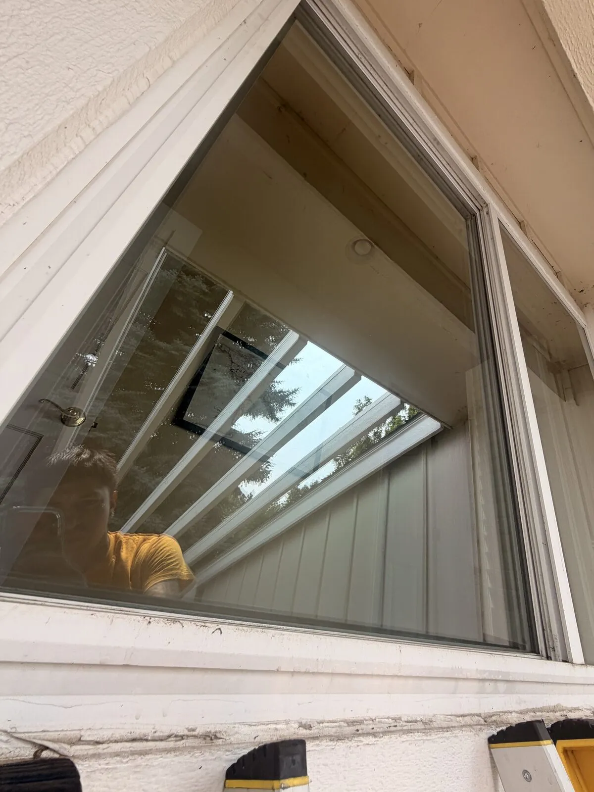 Close-up of freshly cleaned, streak-free window glass reflecting the skylights at a Centennial, Colorado home